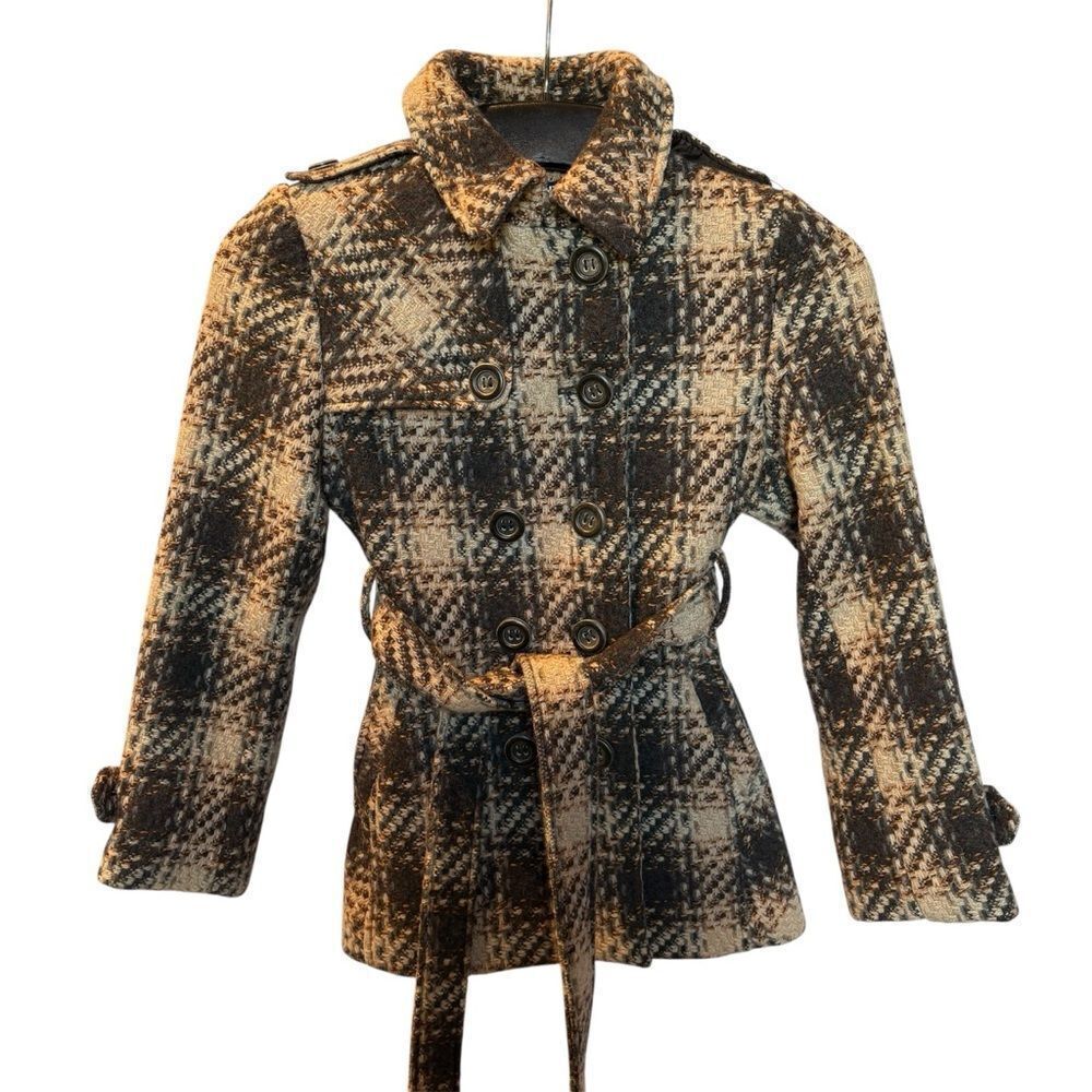 DKNY Women's Gray/Cream Plaid Wool Blend Pea Coat Belted Size 12